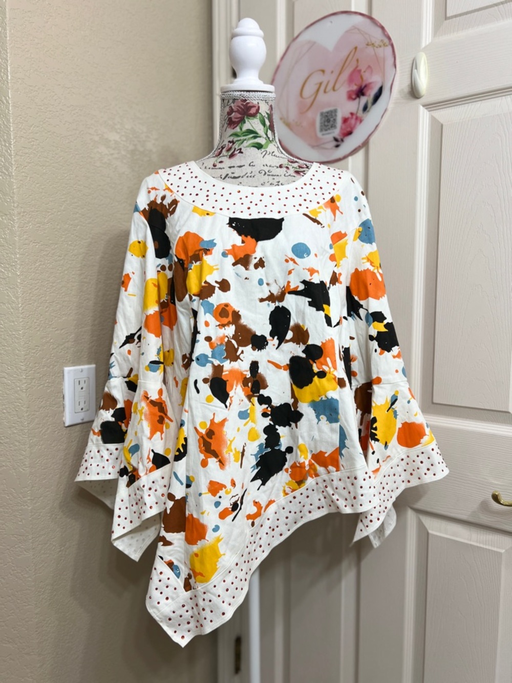 White Paint-Splash blouse with Flared Hem